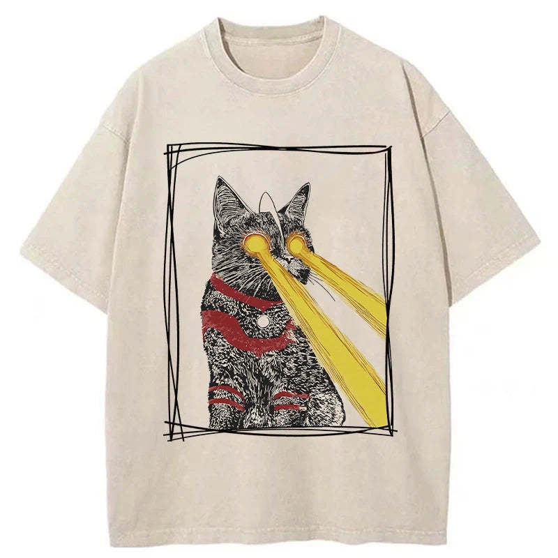 Laser Eye Cat Washed T-Shirt Casual Oversized Outfit Style Gifts For Besties