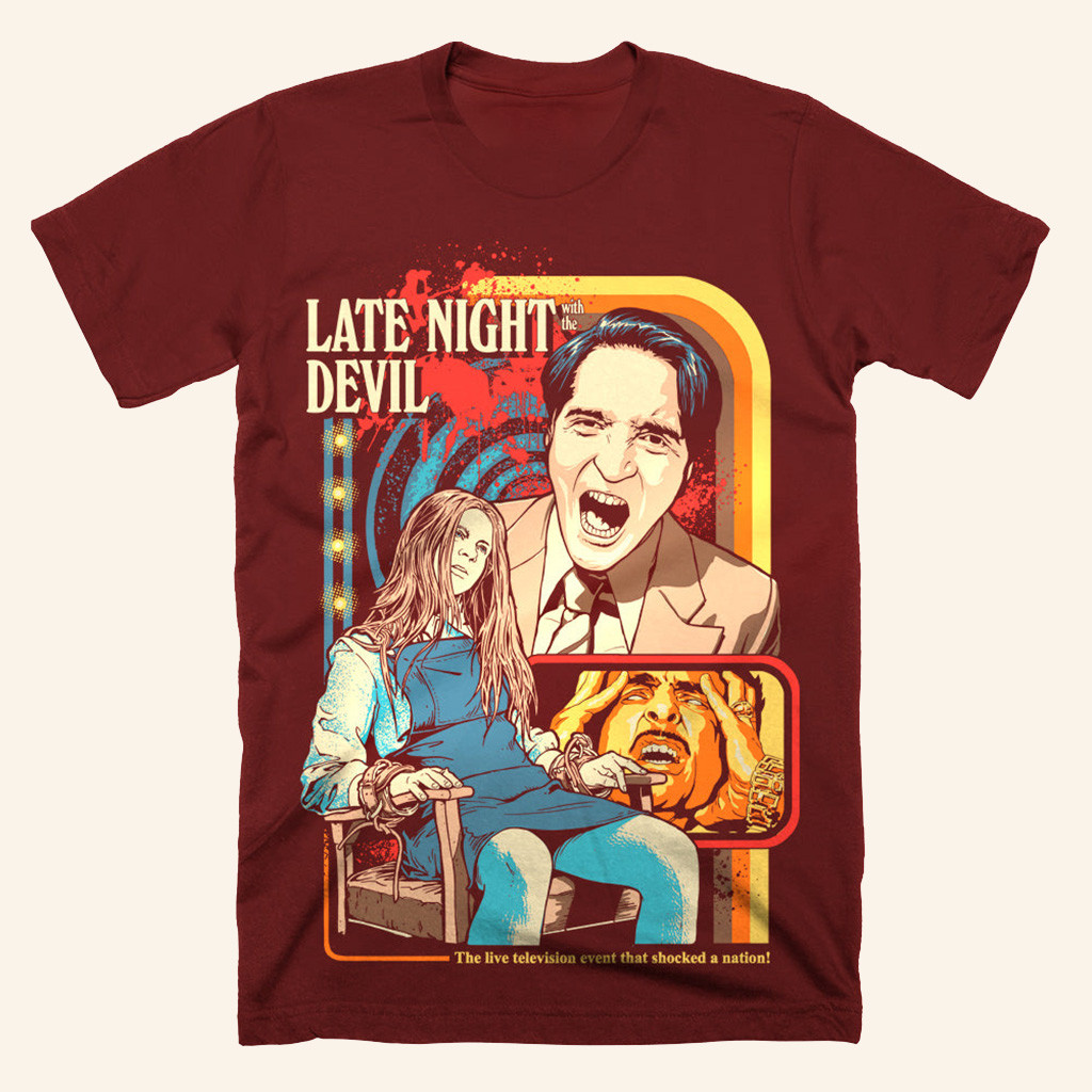 Late Night With The Devil Exorcism With A Twist Rust Shirt Halloween T-Shirts For Adults Late Night With The Devil Exorcism With A Twist Rust Shirt Halloween T-Shirts For Adults