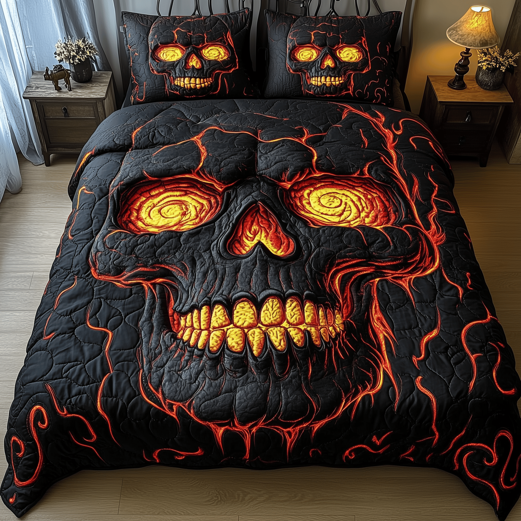 Lava Crack Skull Quilted Bedding Set Christmas Bedding Set Gifts For Couples Who Have Everything