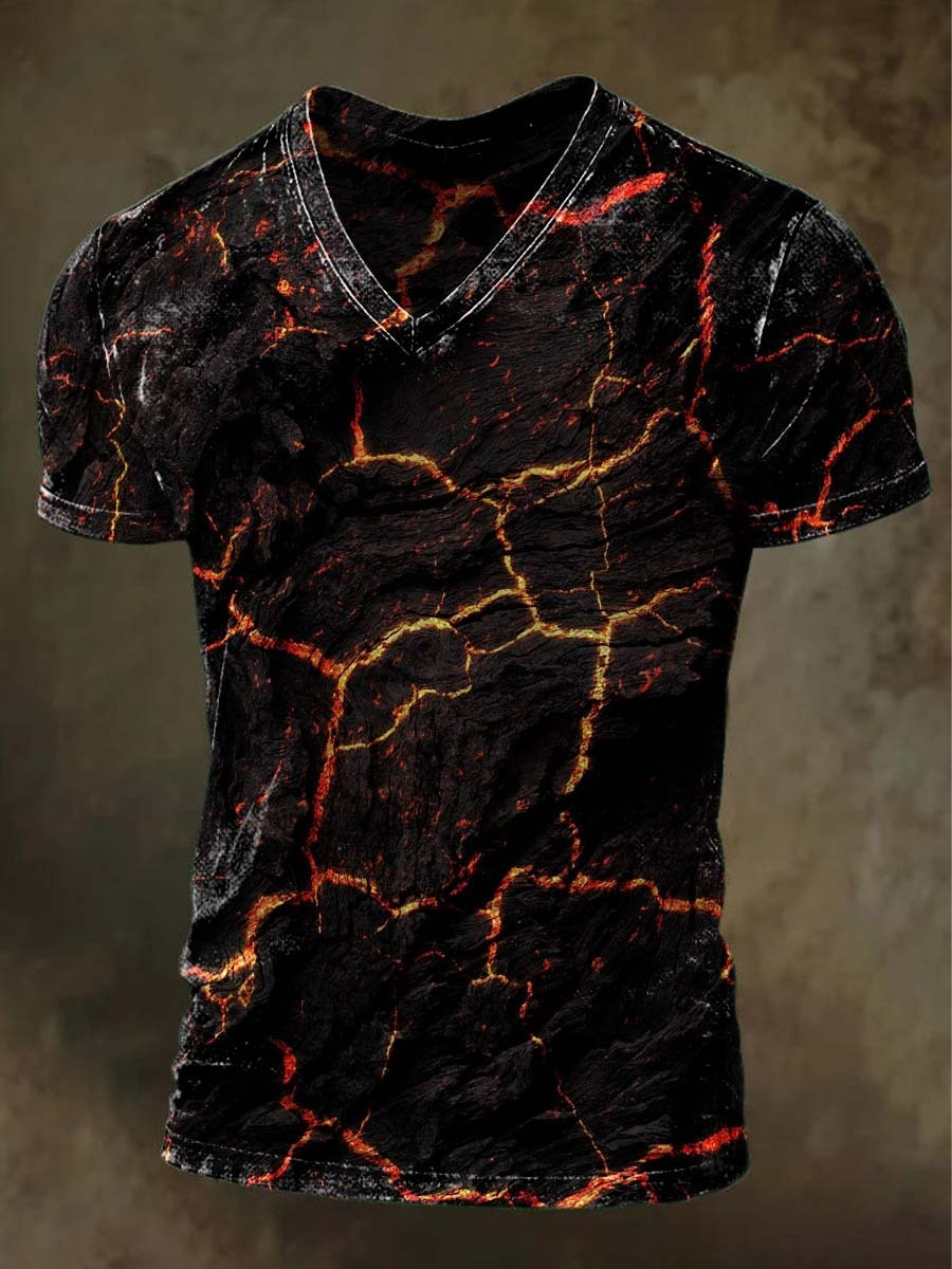 Lava Cracks V-Neck Shirt Magma Fire Texture Volcano Pattern Shirt Fantasy Gifts For Men