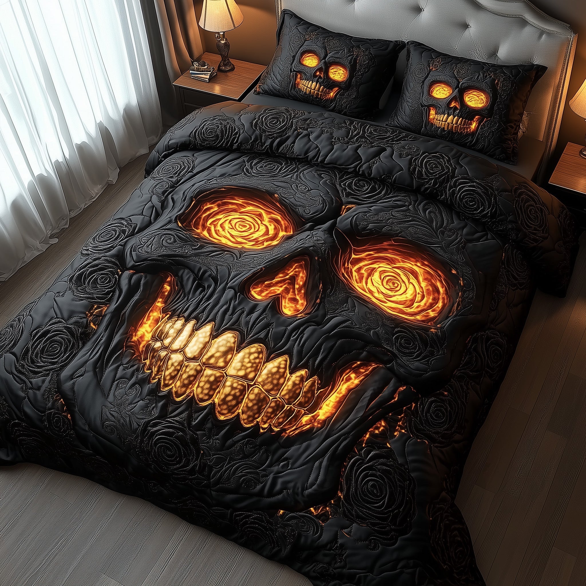 Lava Rose Skull Quilted Bedding Set Burning Skull Illustration Unique Gothic Bedding Gifts