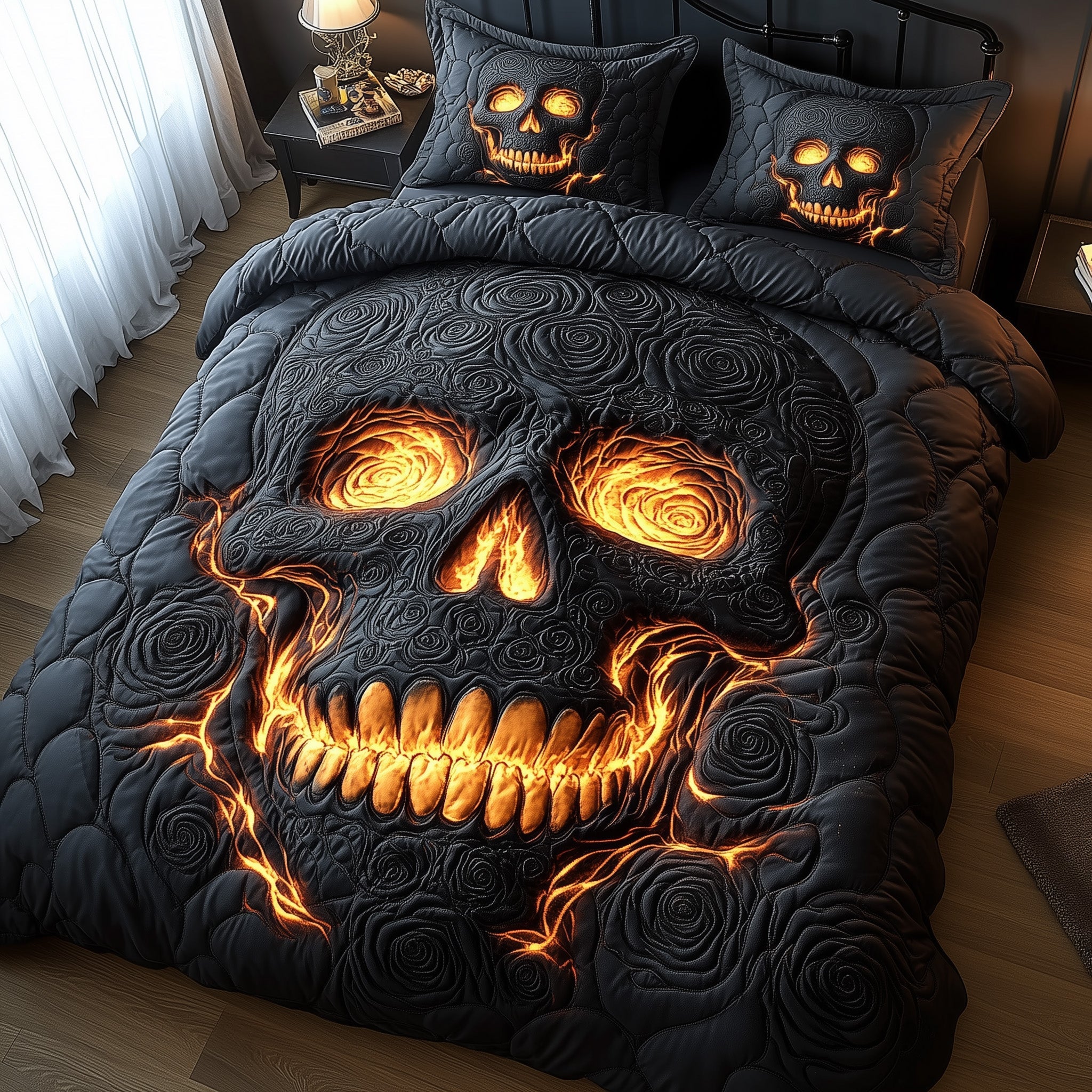 Lava Rose Skull Quilted Bedding Set Flaming Skull Illustration Unique Gothic Bedding Gifts