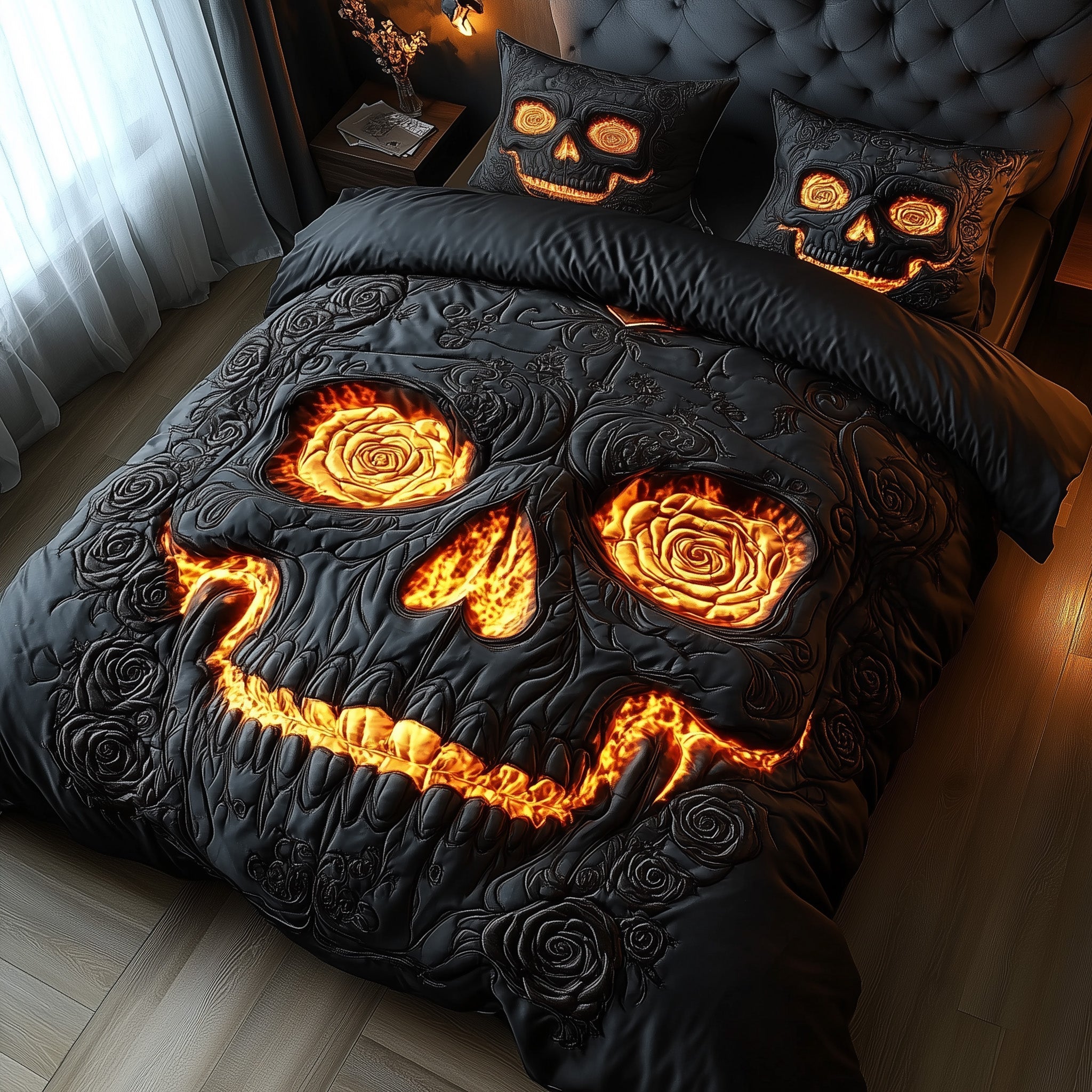 Lava Rose Skull Quilted Bedding Set Flaming Skull Theme Best Gothic Bedding Gifts