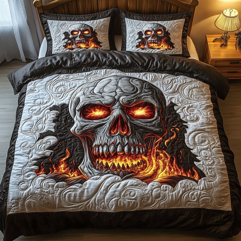 Lava Skull Quilted Bedding Set Gothic Rock Bedroom Decor Best Gift For Skull Lovers