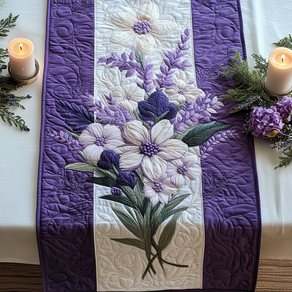 Lavender Aura Quilted Table Runner Floral Table Runner Flower Lavender Gift Ideas