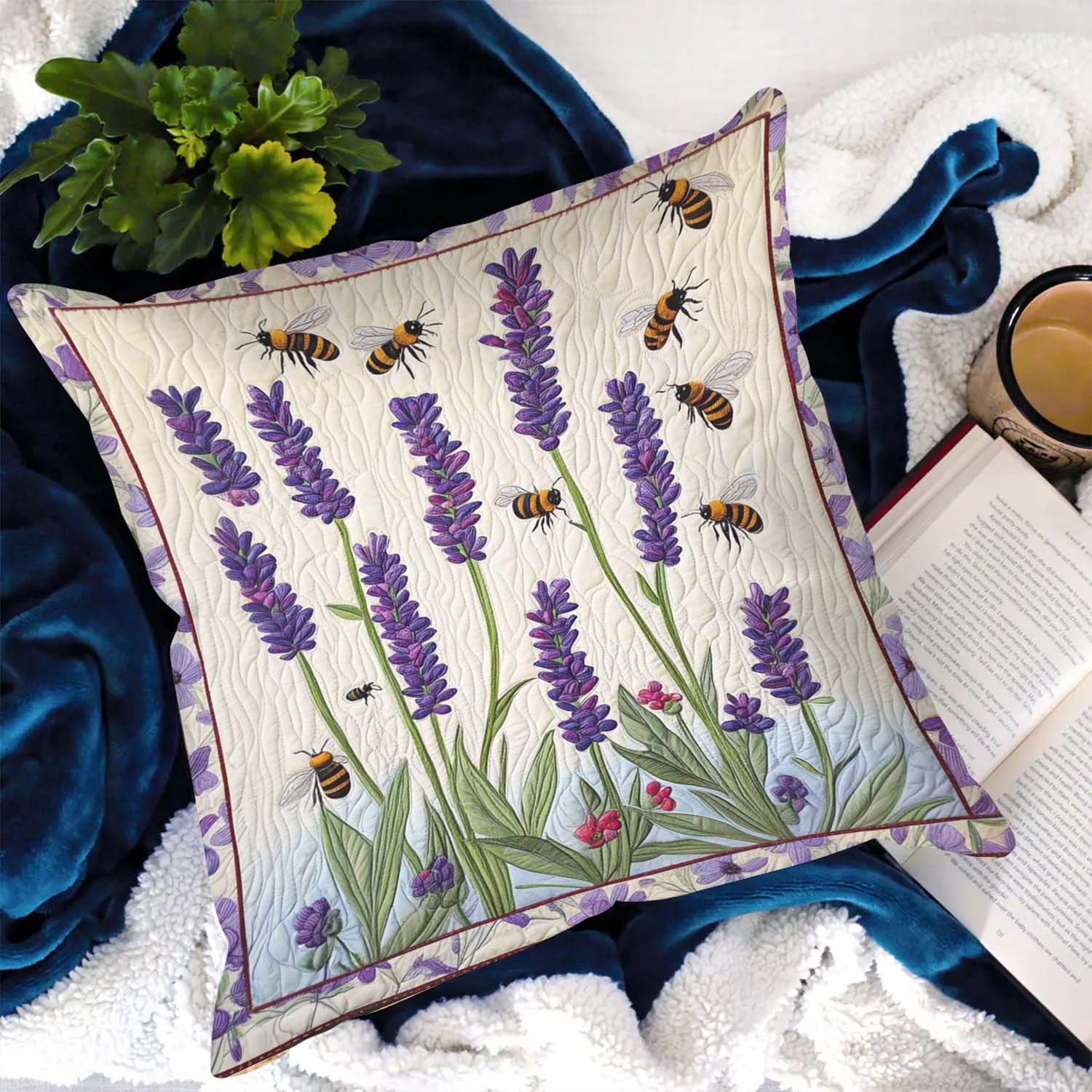 Lavender Bees Dance Quilted Pillow Case Quilted Christmas Pillow Cover
