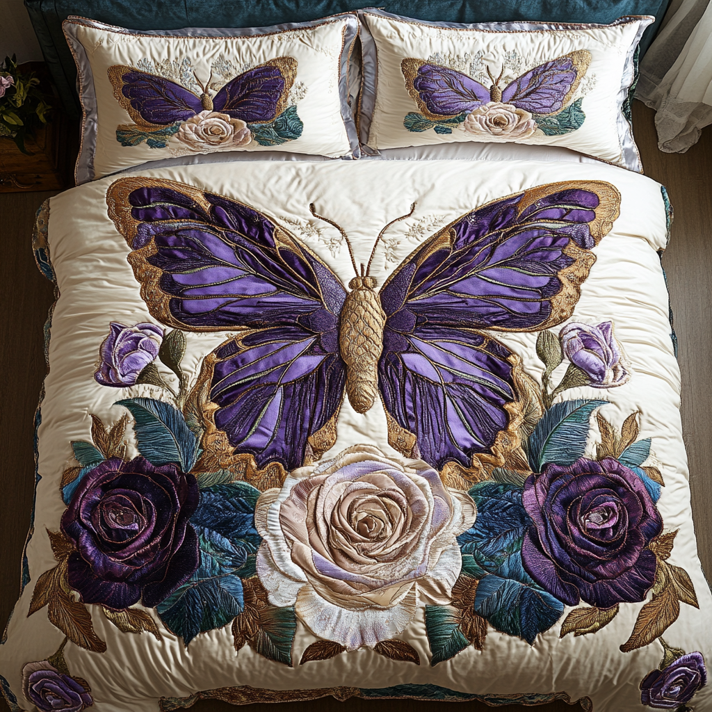 Lavender Bloom Quilted Bedding Set Bedspread Set Butterfly Birthday Gift Ideas