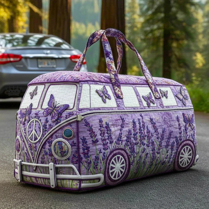 Lavender Butterfly VW Bus Quilted Duffle Bag Boho Travel Bag Best Gift For Butterfly Lovers