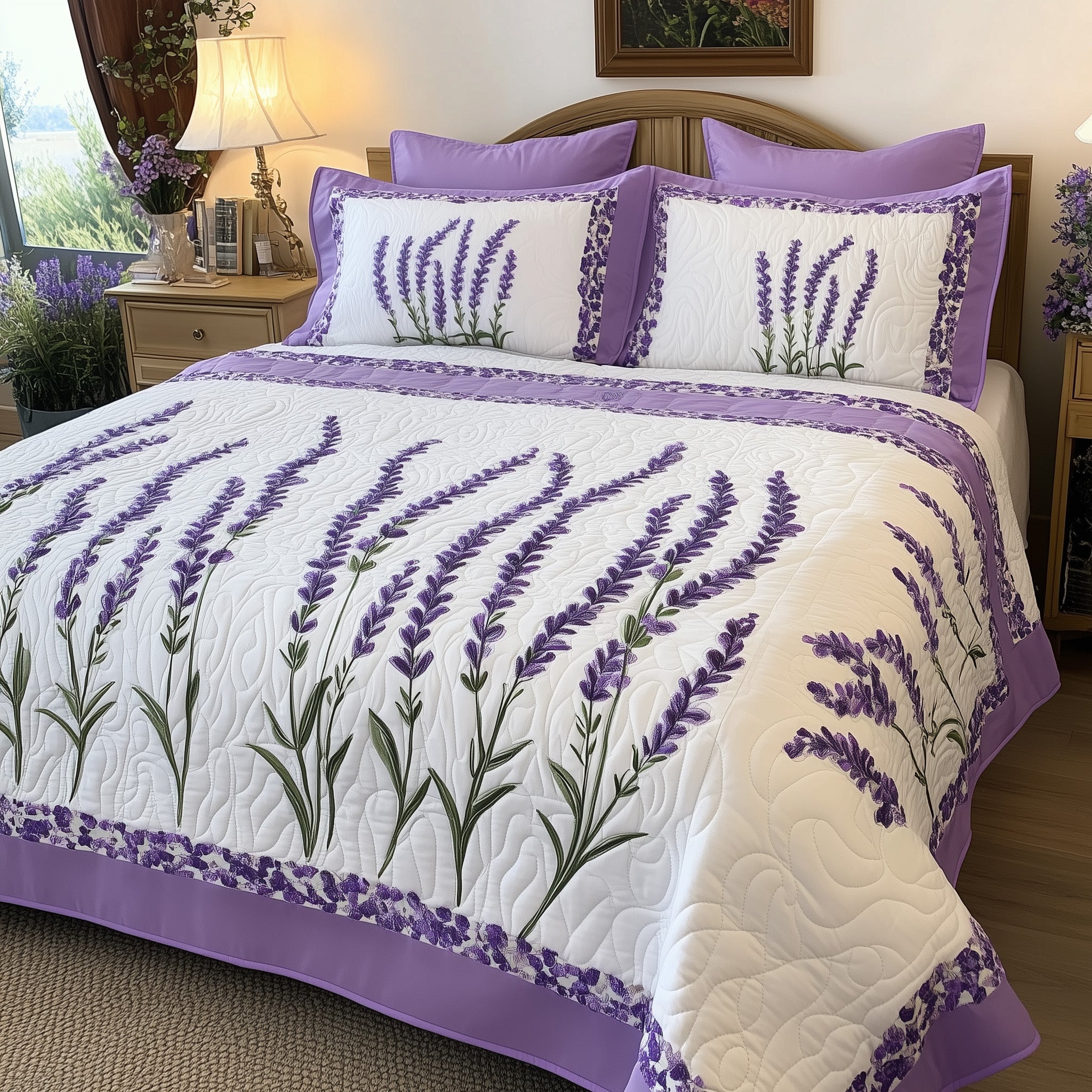 Lavender Charm 3-Piece Quilted Bedding Set Duvet Cover Bedspread Gifts For Flower Lovers