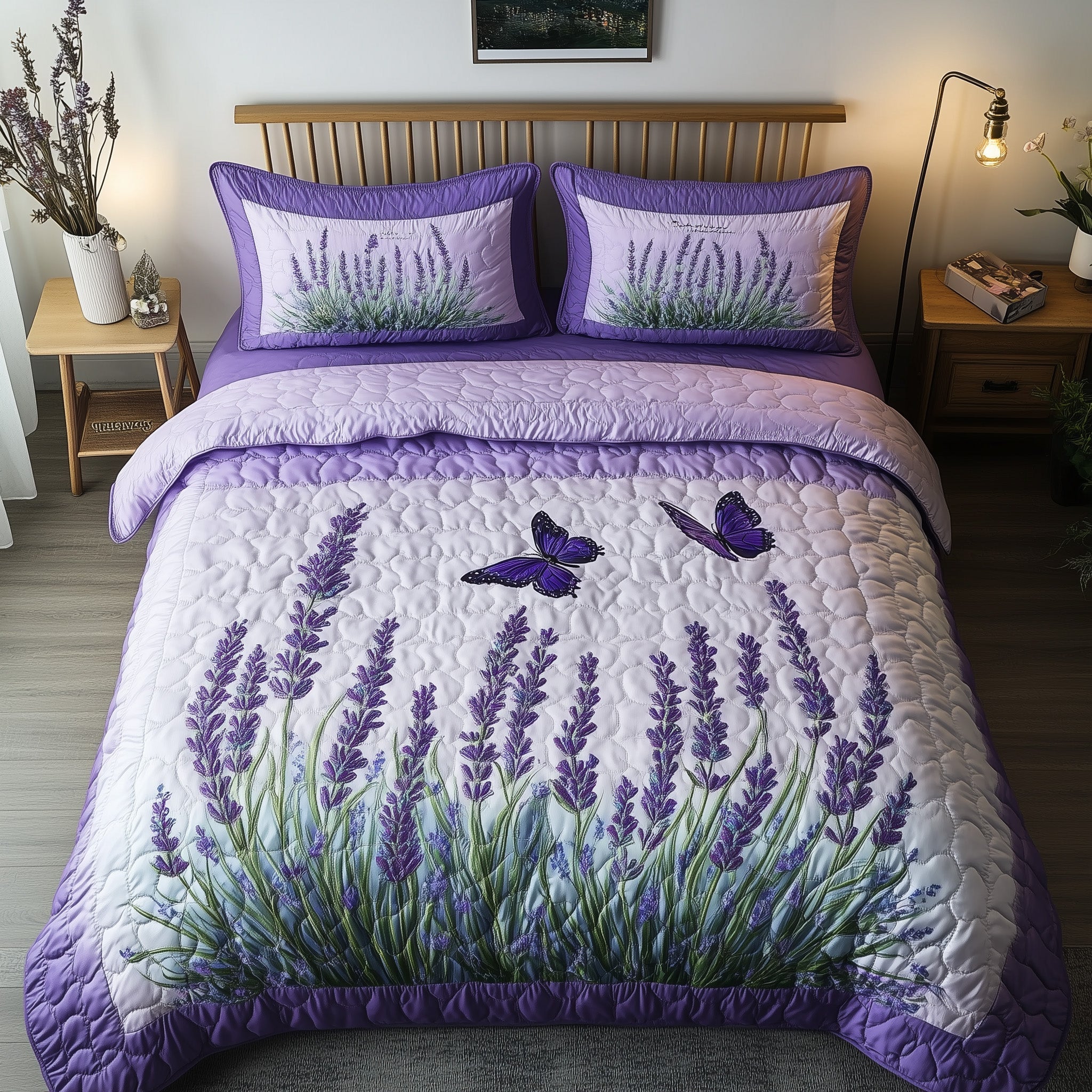 Lavender Charm Quilted Bedding Set Botanical Artwork Best Floral Bedding Presents