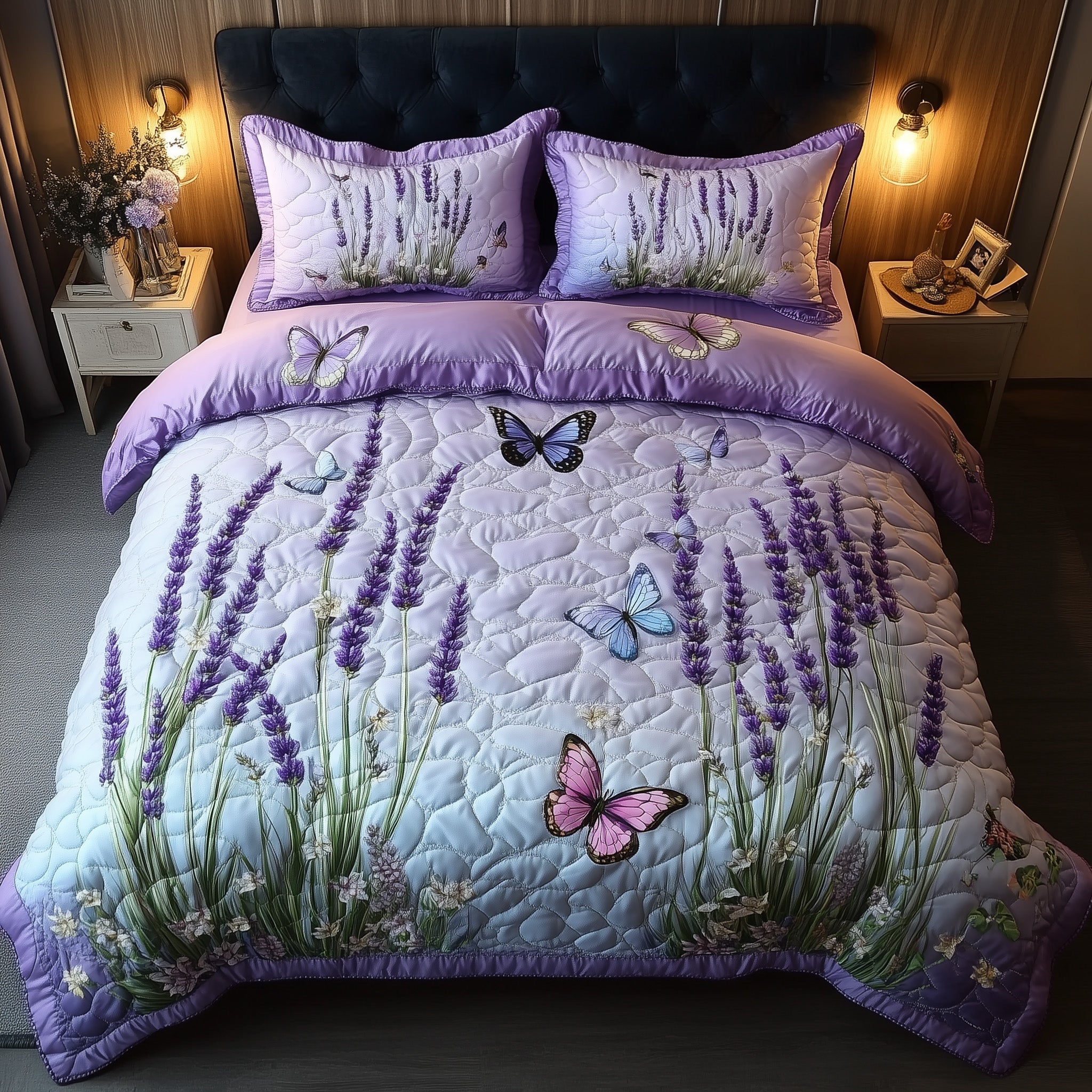 Lavender Charm Quilted Bedding Set Botanical Butterfly Artwork Floral Bedding Presents