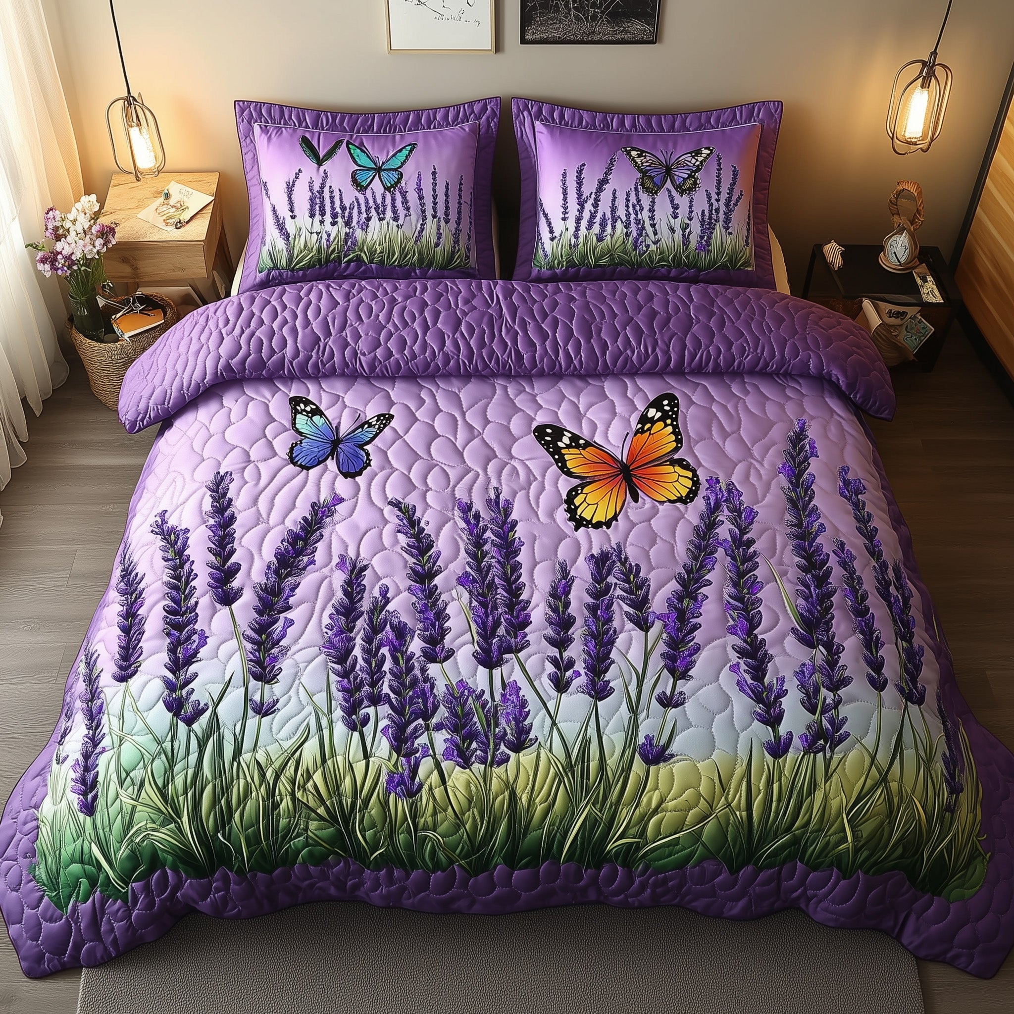 Lavender Charm Quilted Bedding Set Butterfly Lavender Decor Beautiful Floral Bedding Ideas