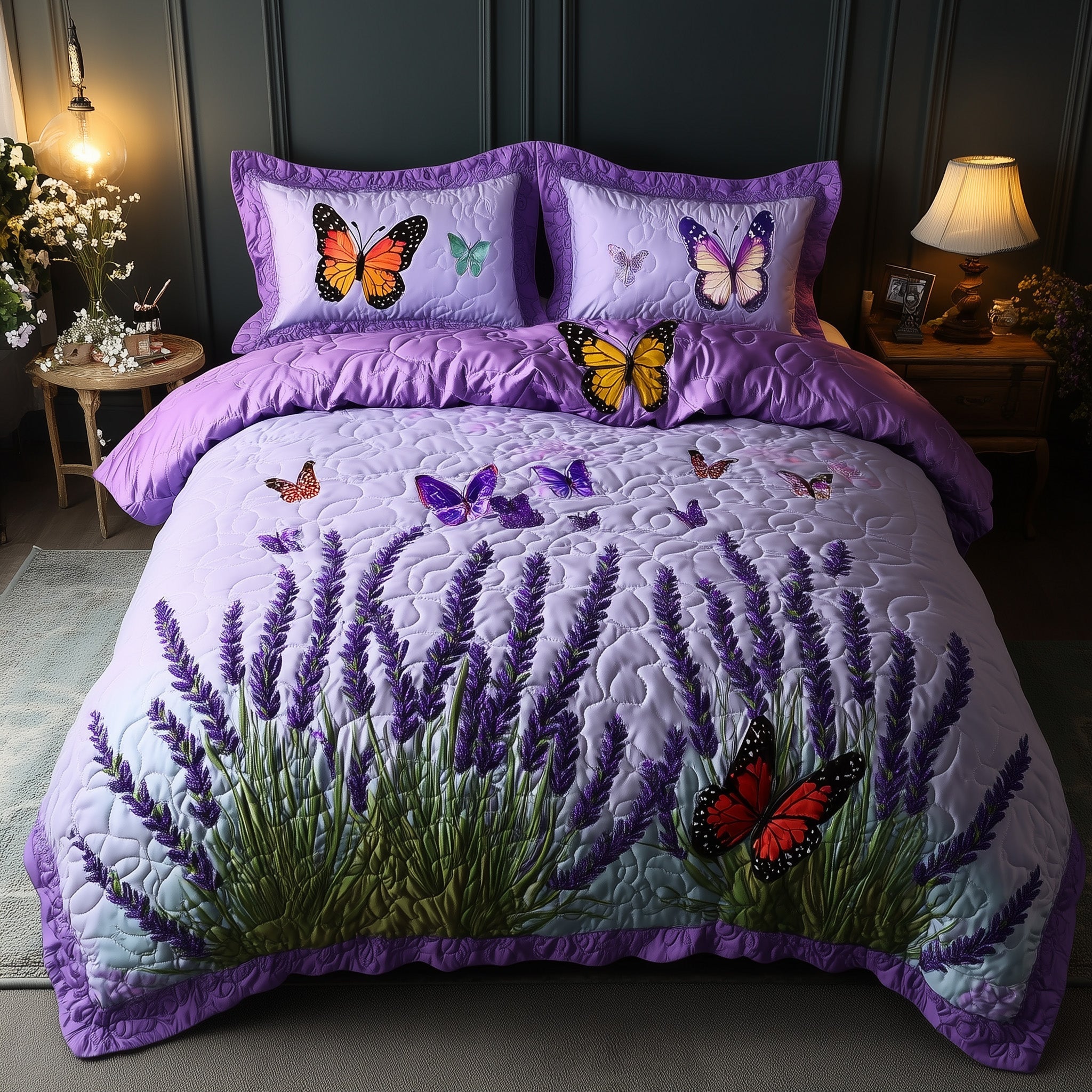 Lavender Charm Quilted Bedding Set Butterfly Lavender Decor Floral Bedding Gifts