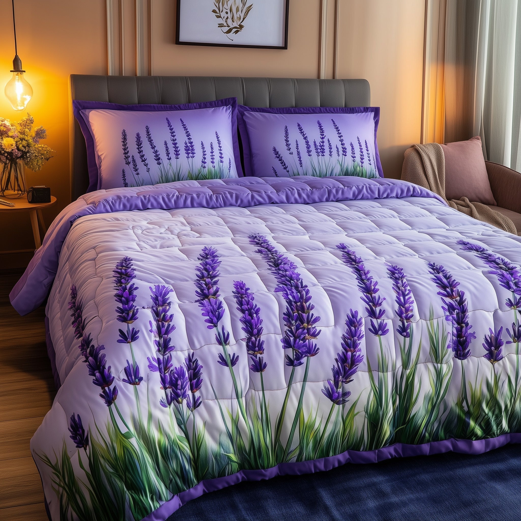 Lavender Charm Quilted Bedding Set Pastel Purple Style Calming Gift For Her