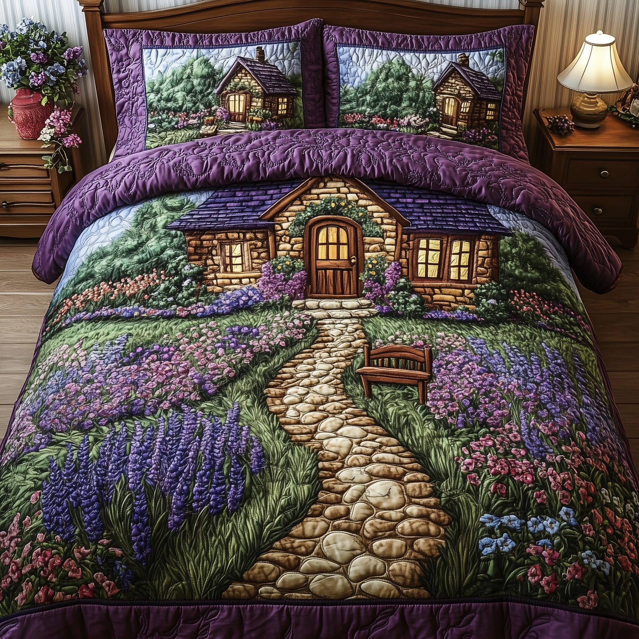 Lavender Lane Cottage Quilted Bedding Set Duvet Cover Merchandise Best House Warming Gift