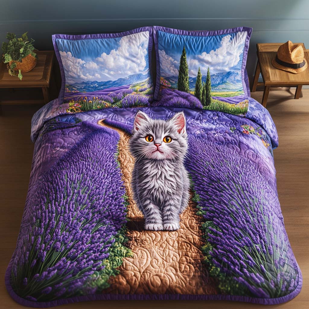 Lavender Trail Quilted Bedding Set Bed Decor Gifts For Cat Owners