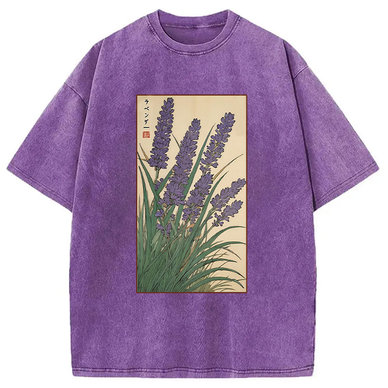 Lavender Ukiyo-e Japanese Washed T-Shirt Funny Graphic Gift For Friends Gifts For BFF