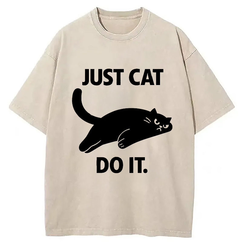 Lazy Black Cat Washed T-Shirt Trendy Everyday Casual Outfit Gifts For Friends