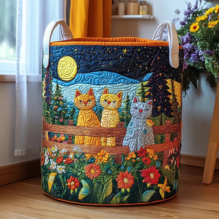 Lazy Cat Boho Quilted Laundry Basket Cute Sleeping Cat Home Storage Best Gift For Cat Mom