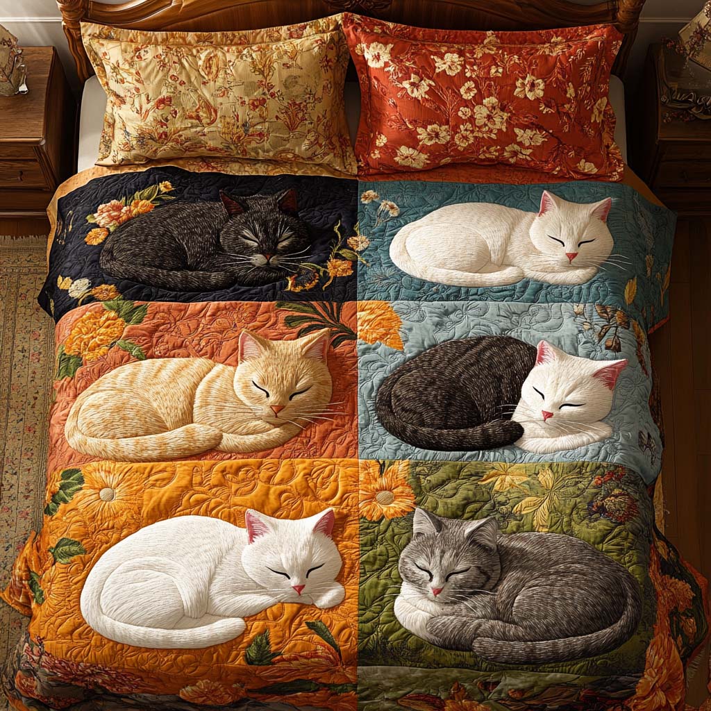 Lazy Cat Nap Quilted Bedding Set Premium Duvet Cover Gift Set for Mom or Grandma