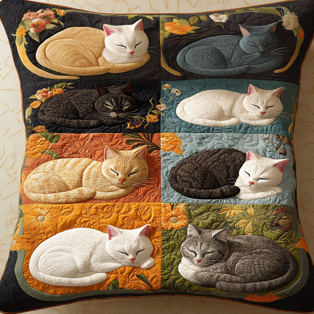 Lazy Cat Nap Quilted Pillow Case Holiday Throw Pillow Gift