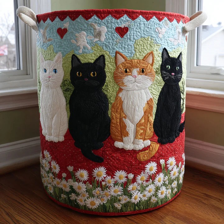 Lazy Cat Quilted Laundry Basket Sleepy Boho Cat Home Decor Funny Gift For Cat Lovers