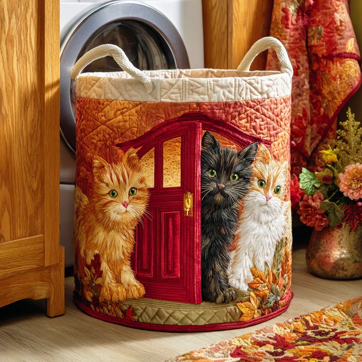 Lazy Sunshine Cat Quilted Laundry Basket Boho Summer Cat Home Decor Best Gift For Cat Lovers