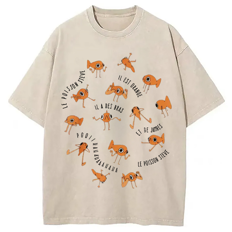 Le Poisson Steve Funny Fish Meme Washed T-Shirt Retro Streetwear Graphic Top Gifts For Besties