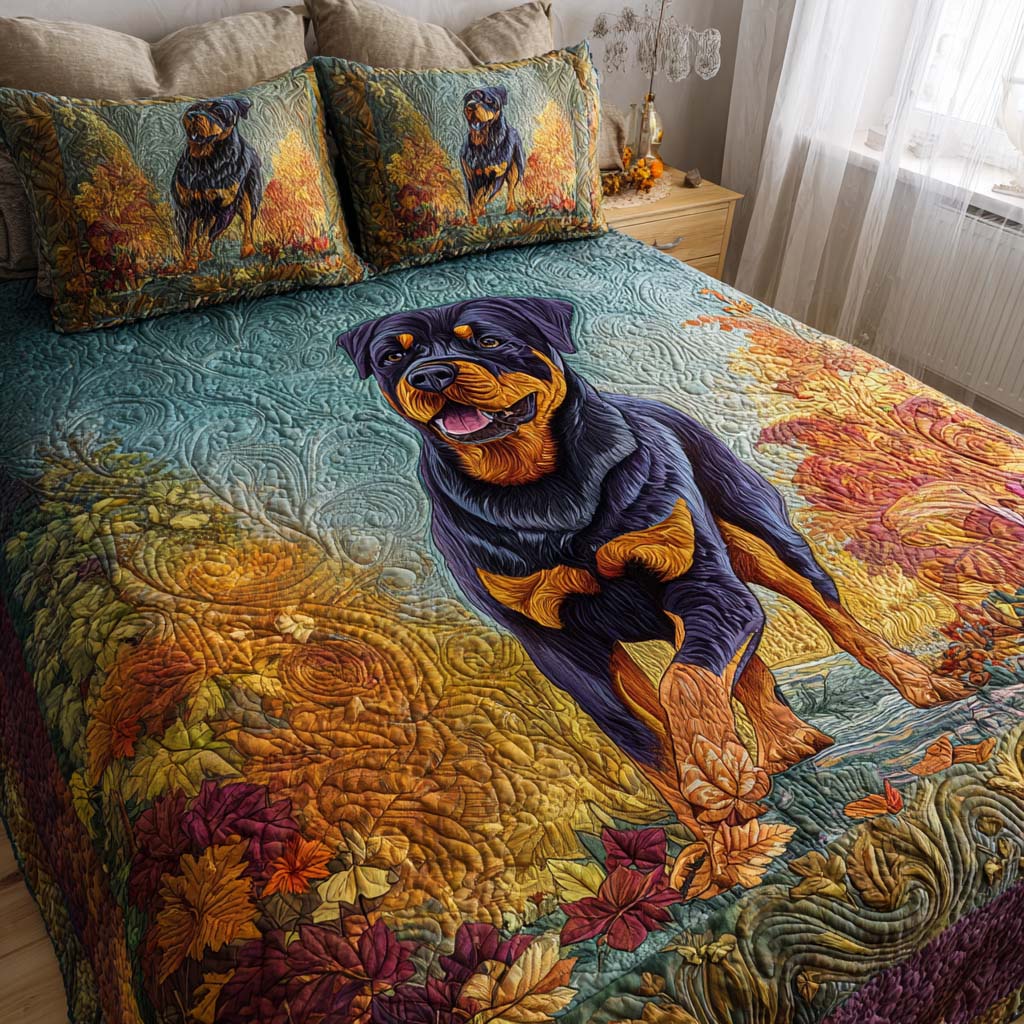 Leaf Patrol Quilted Bedding Set Xmas Holiday Duvet Cover Set Rottweiler Themed Gifts