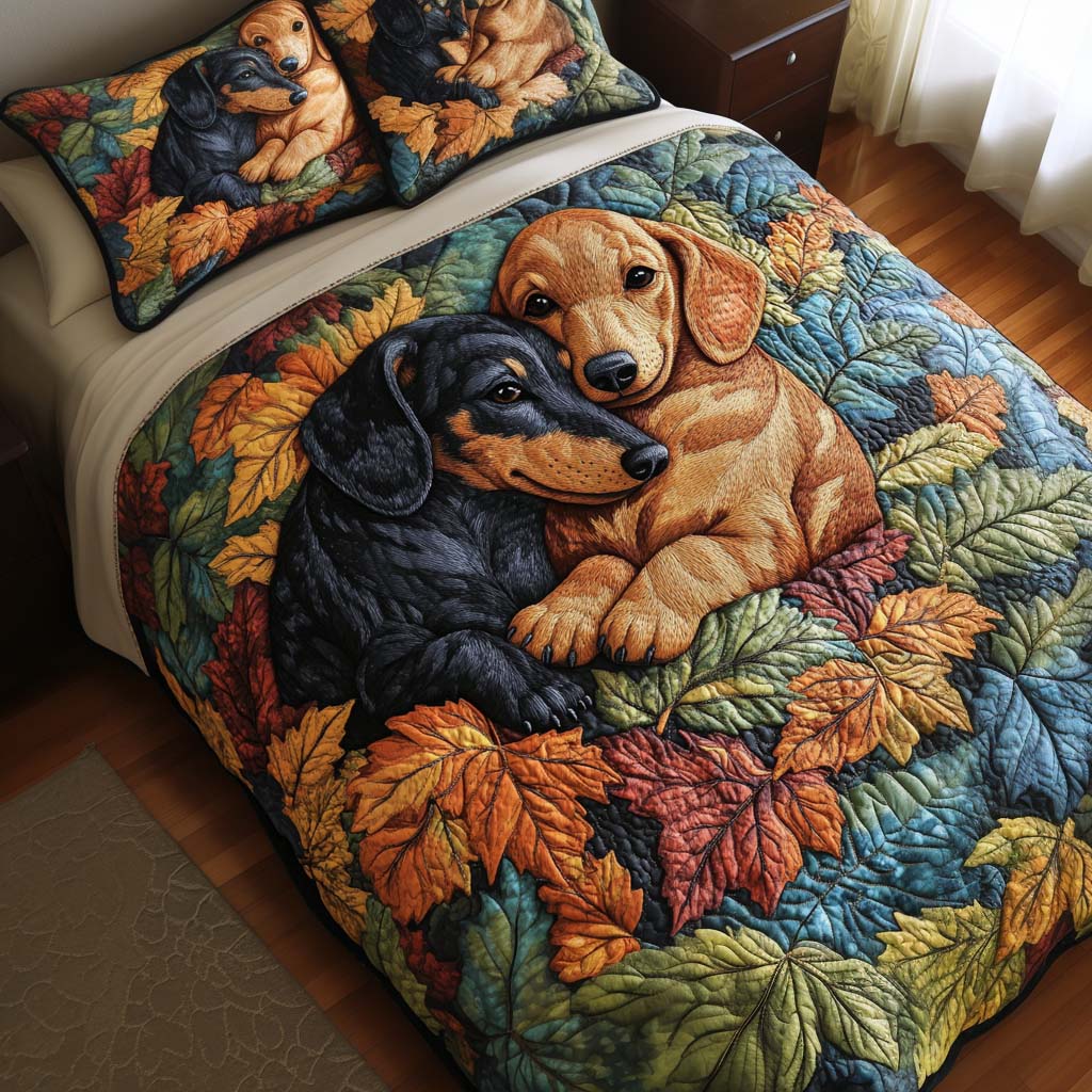 Leaf Sniffer Quilted Bedding Set Autumn Themed Bed Sheets Dachshund Owner Gifts