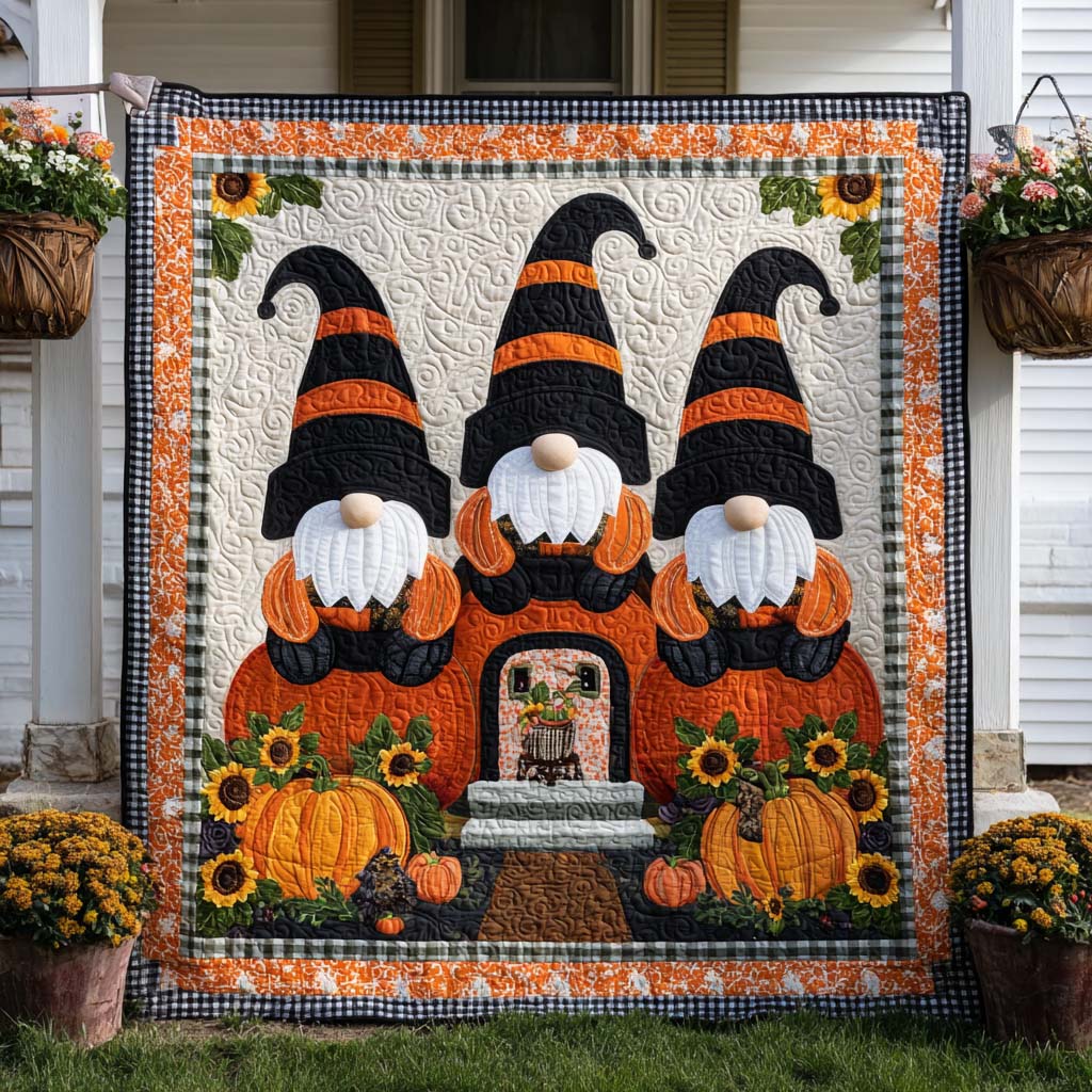 Leafy Gnomes Quilted Blanket Fall Theme Throw Blanket Gifts For Gnome Lovers