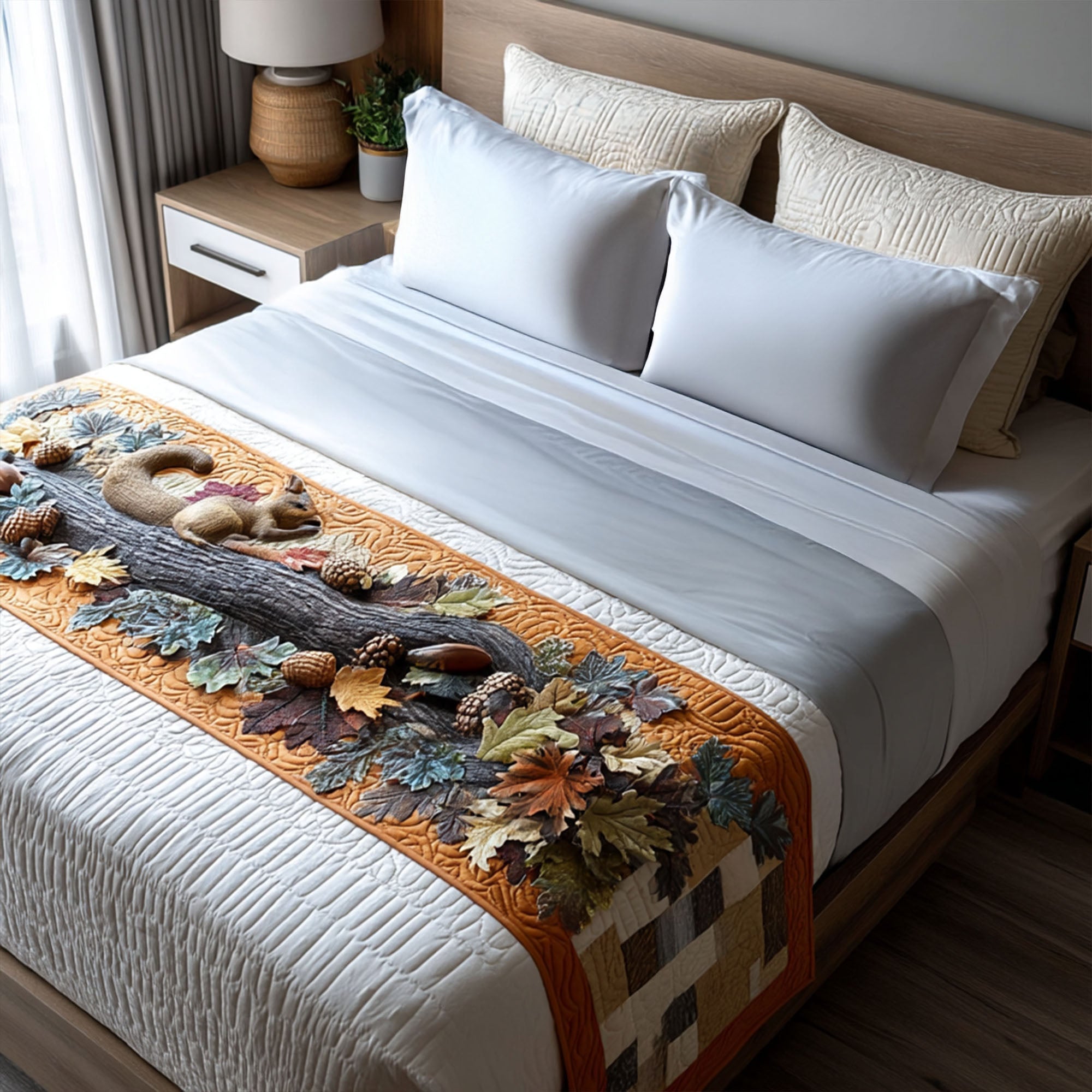 Leafy Squirrel Delight Quilted Bed Runner Holiday Bed Runner Family Gift Ideas