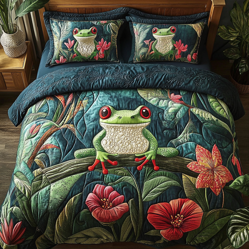 Leap Magic Quilted Bedding Set Cozy Bedroom Decor Frog Gifts For Adults