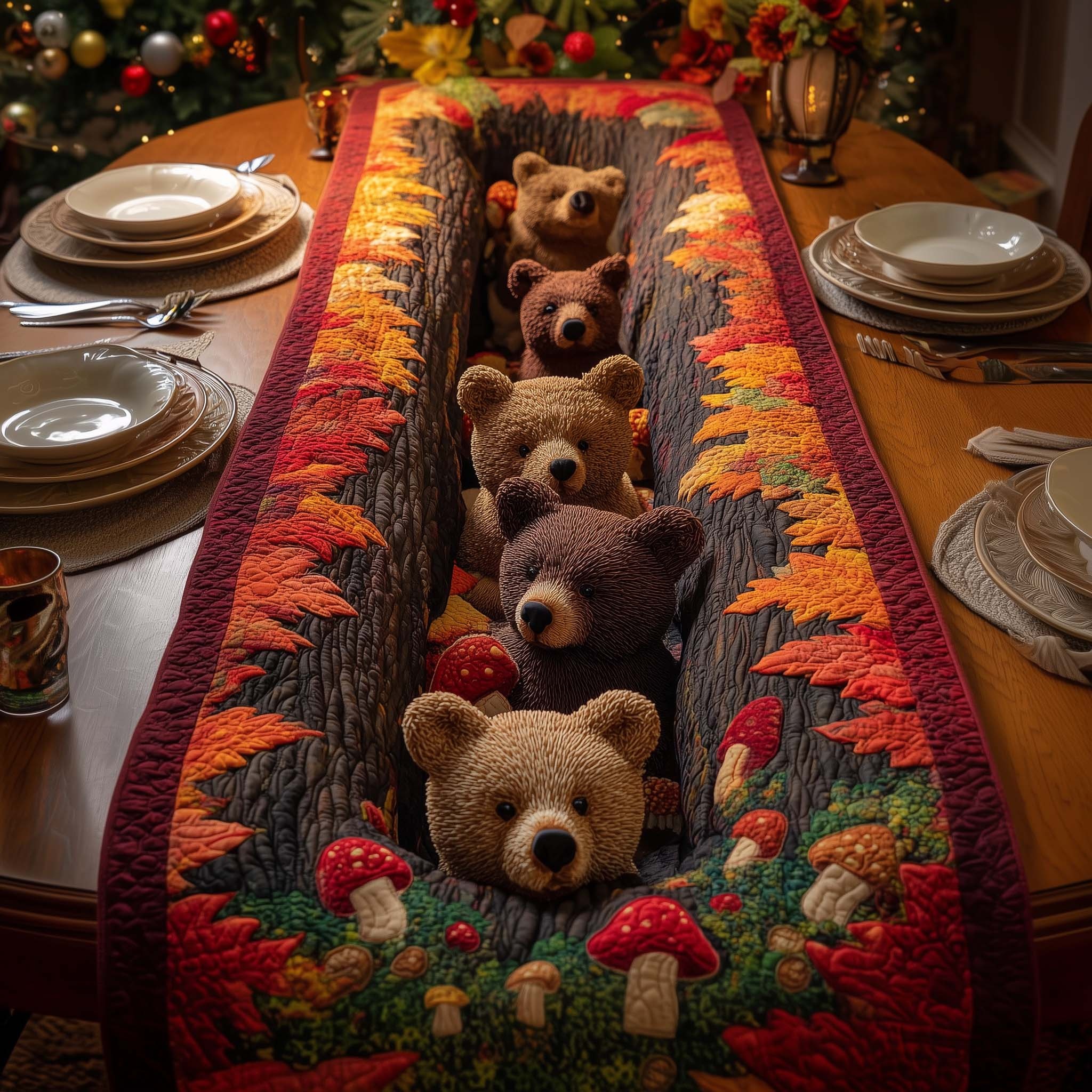 Leaves Bears Quilted Table Runner Rustic Kitchen Dining Decor Gift For Cozy Family Home
