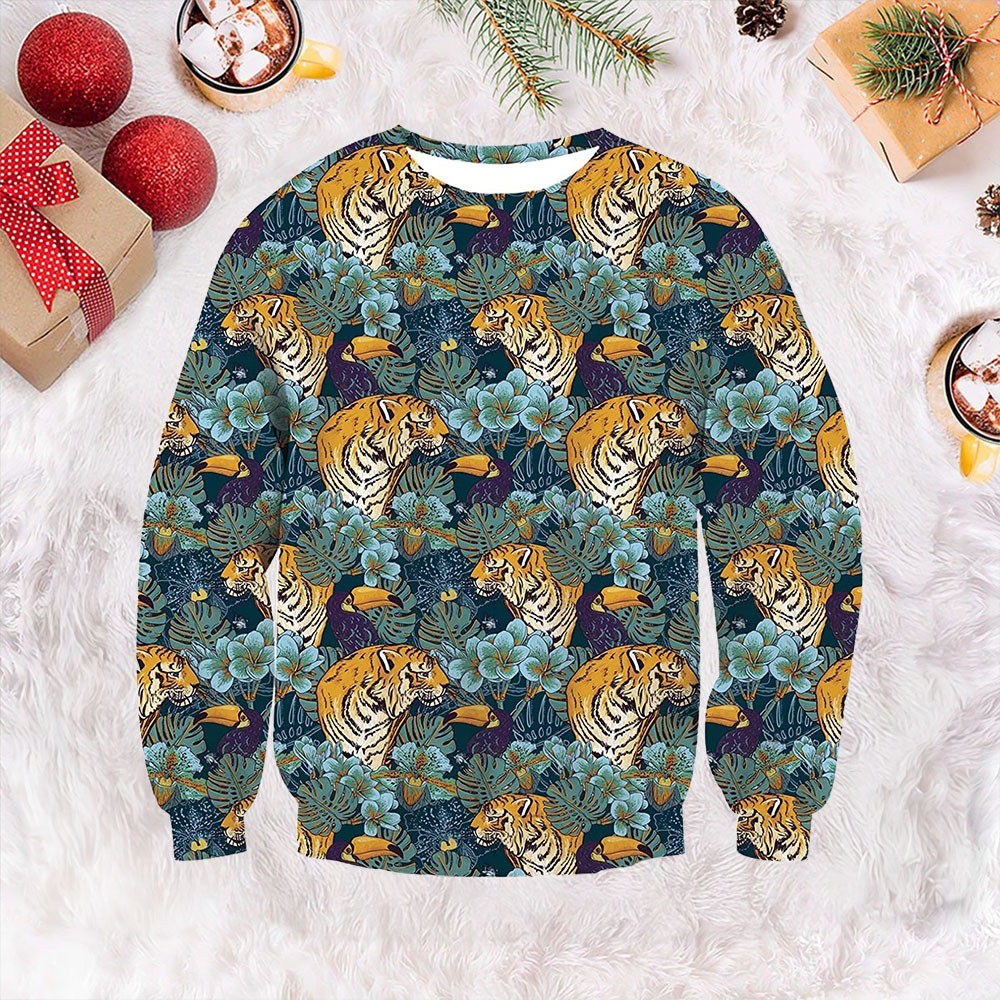 Leaves Tiger Ugly Christmas Sweater Funny Xmas Jumpers Gifts For Tiger Lovers