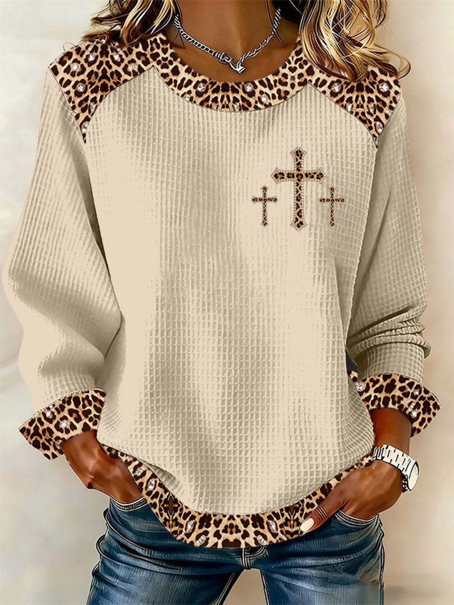 Leopard Cross Christian Waffle Long Sleeve Shirt Faith Cross Shirt Gift For Her