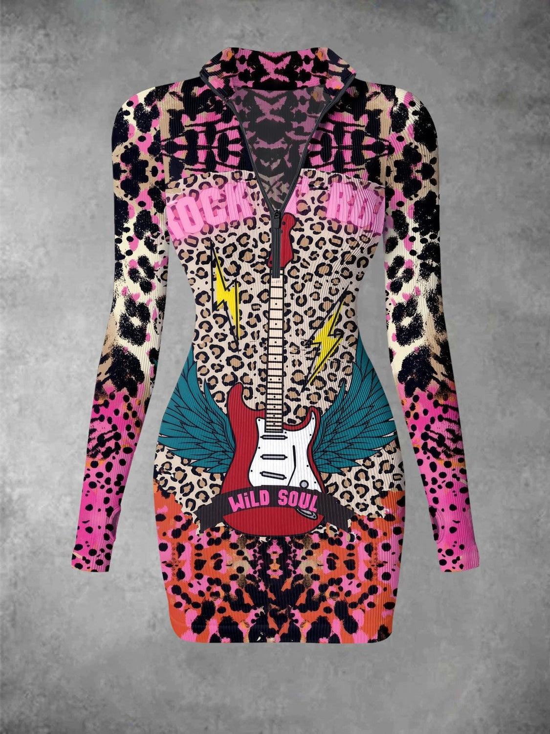 Leopard Guitar Ribbed Zip Front Long Sleeve Mini Dress Rock And Roll Retro Dress Guitar Lovers Leopard Guitar Ribbed Zip Front Long Sleeve Mini Dress Rock And Roll Retro Dress Guitar Lovers