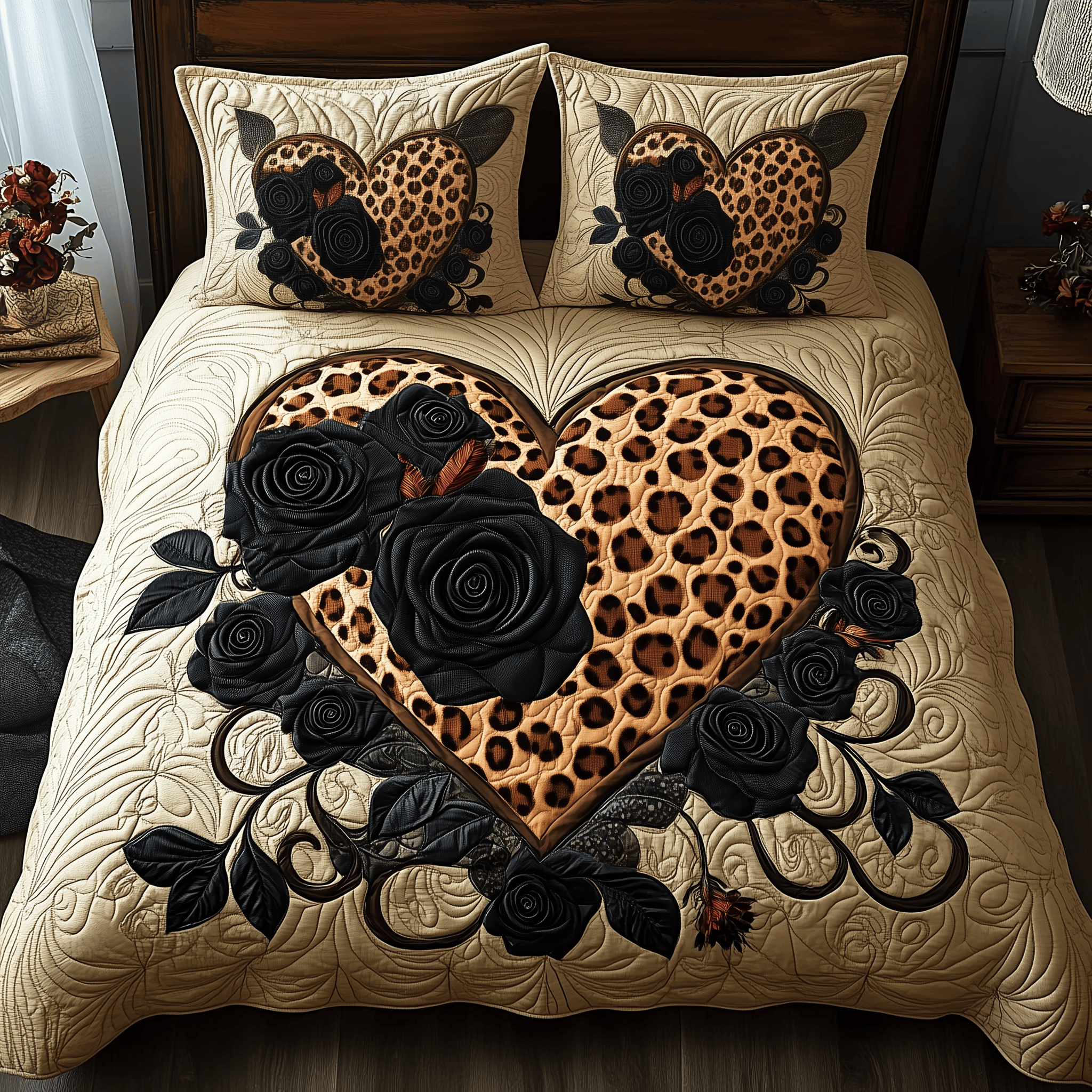 Leopard Heart Quilted Bedding Set Christmas Bedding Set Anniversary Gifts For Couples