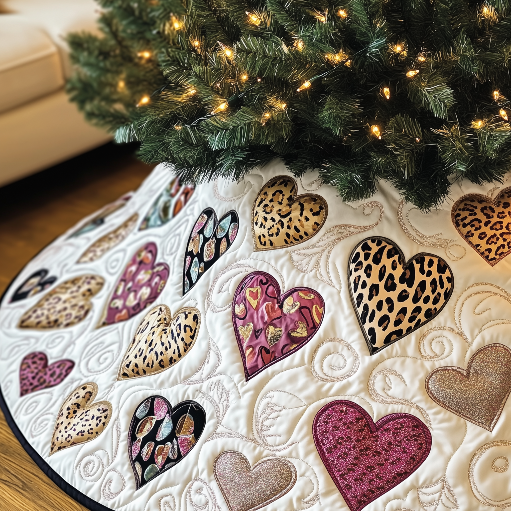 Leopard Hearts Quilted Tree Skirt Cozy Home Decor Gift Merch