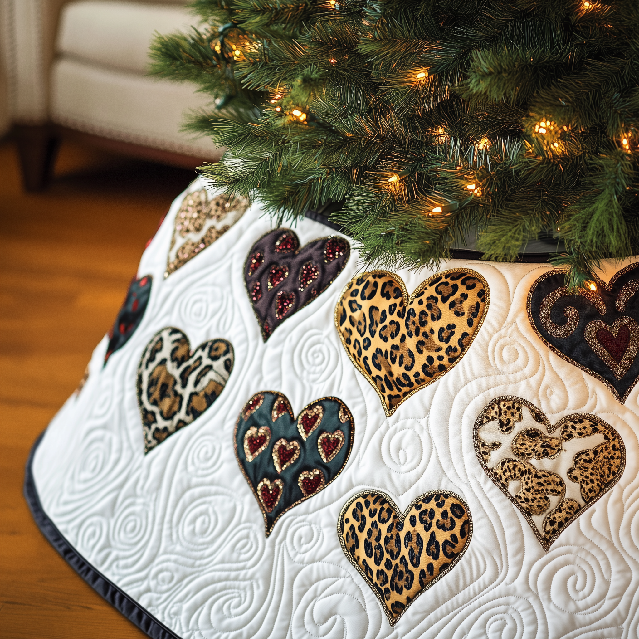 Leopard Hearts Quilted Tree Skirt Perfect Gift Merch For Her
