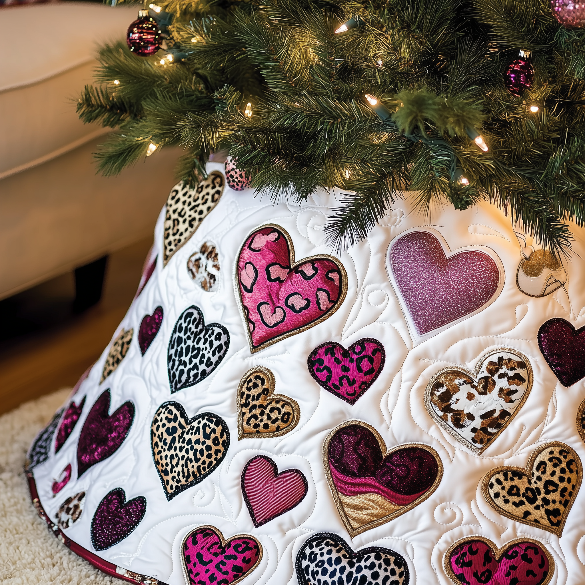 Leopard Hearts Quilted Tree Skirt Unique Gift Merch For Friends