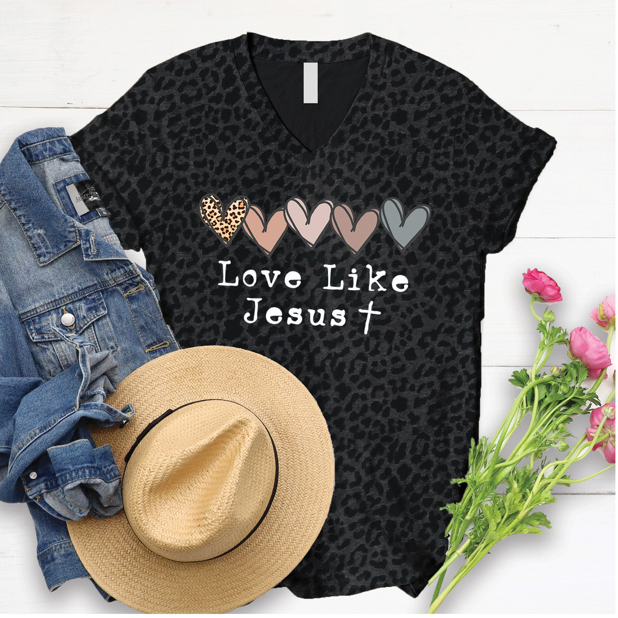 Leopard Love Like Jesus V-Neck Christian Clothing Religious Gifts For Women Faith Apparel