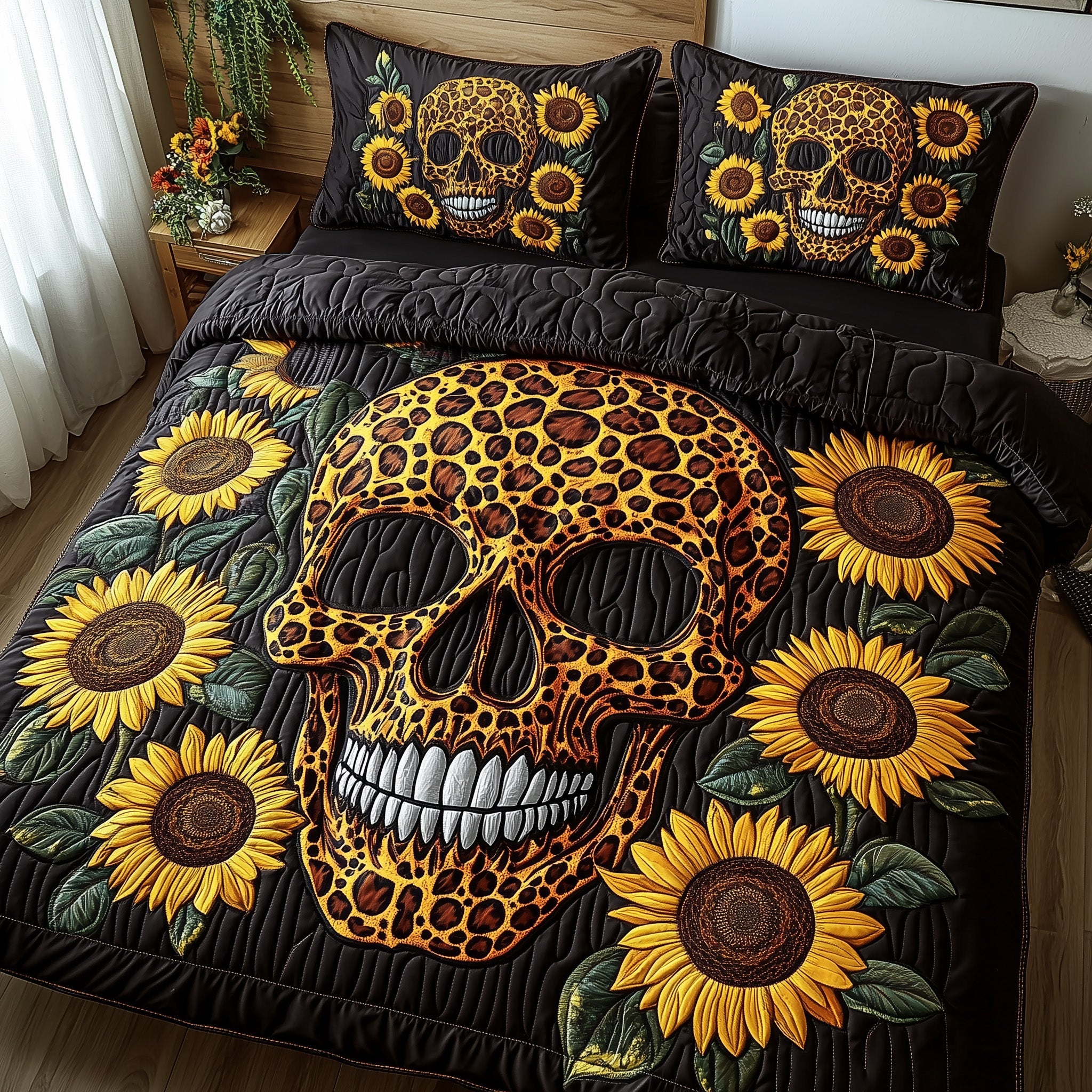 Leopard Skull Quilted Bedding Set Duvet Cover Bed Sheet Gifts For People Who Like Skulls