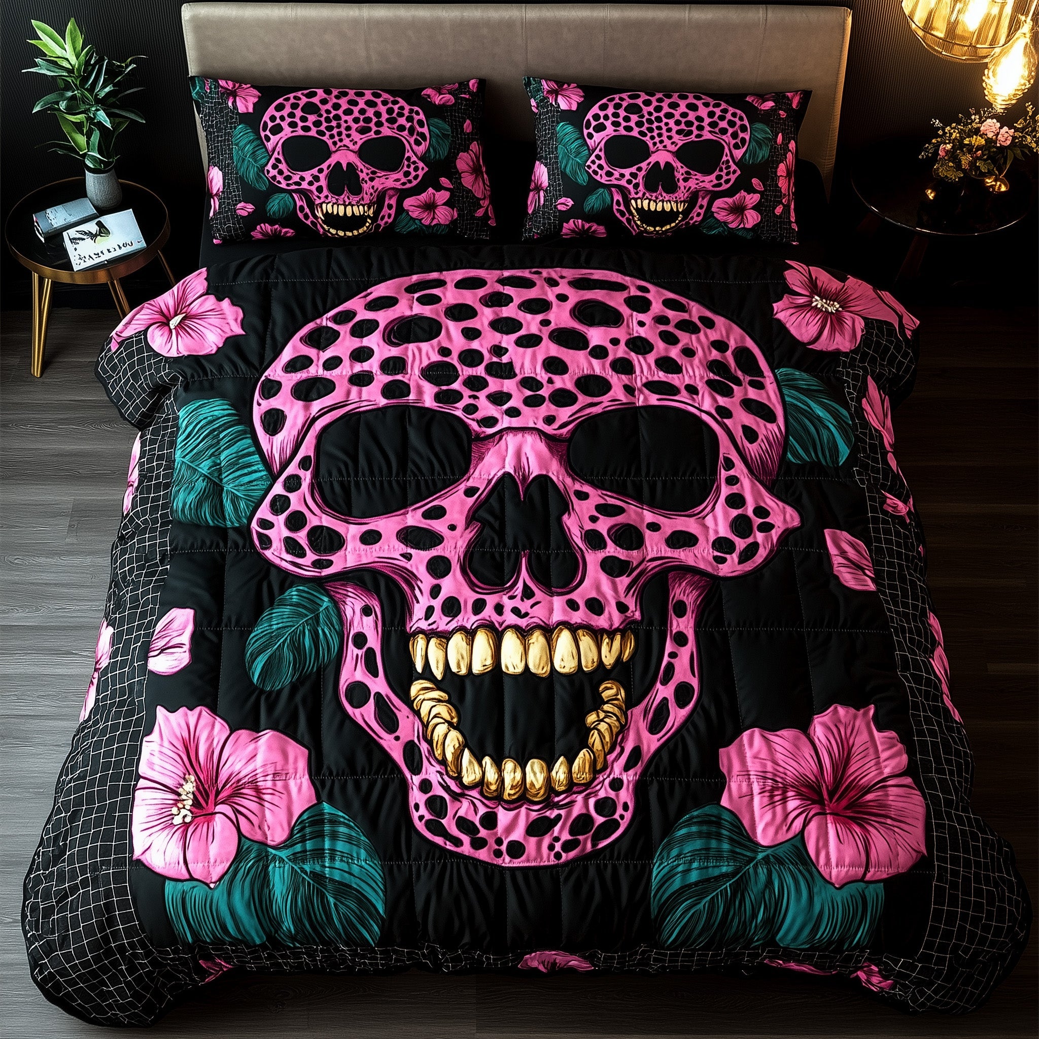 Leopard Skull Quilted Bedding Set Duvet Cover Bed Sheet Skull Birthday Presents