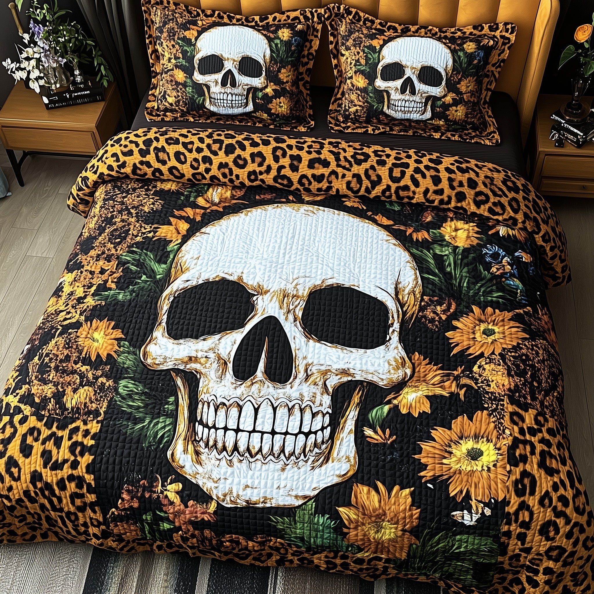 Leopard Skull Quilted Bedding Set Duvet Cover Bed Sheet Skull Christmas Gifts