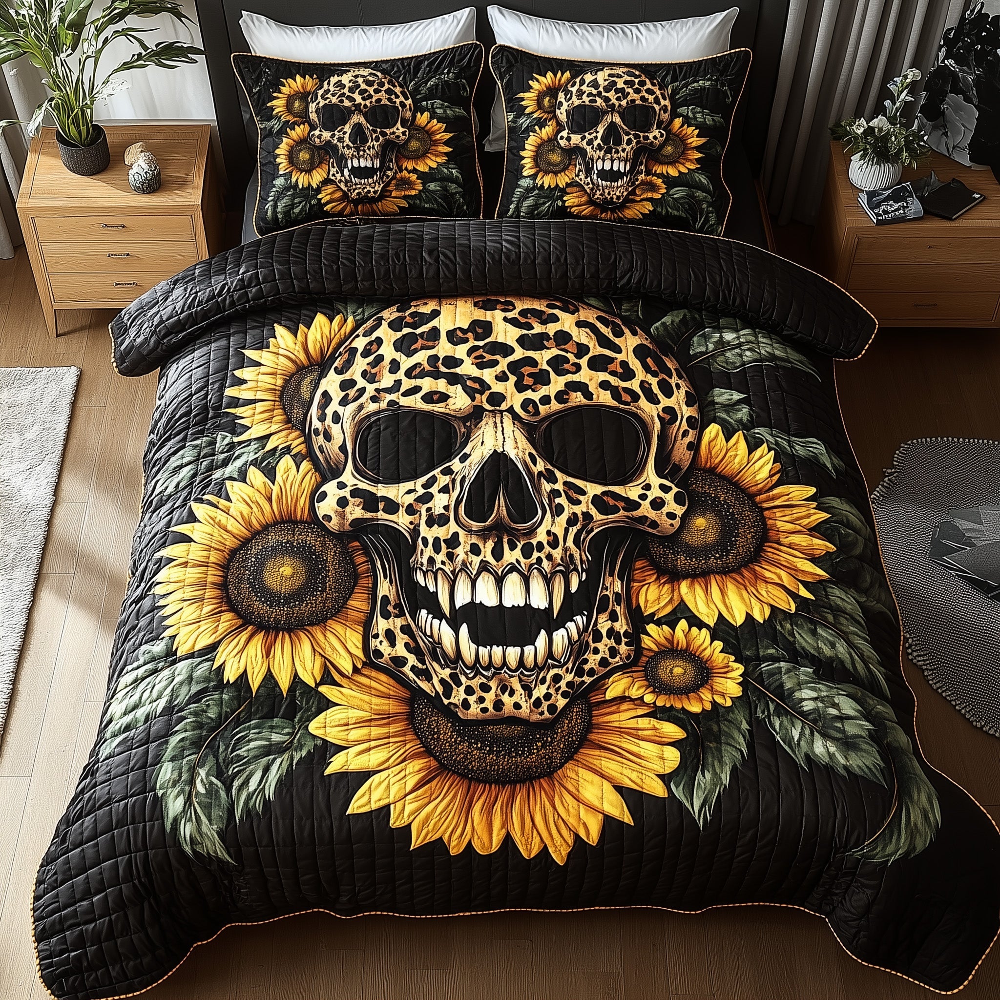 Leopard Skull Quilted Bedding Set Duvet Cover Bed Sheet Skull Gifts For Dad