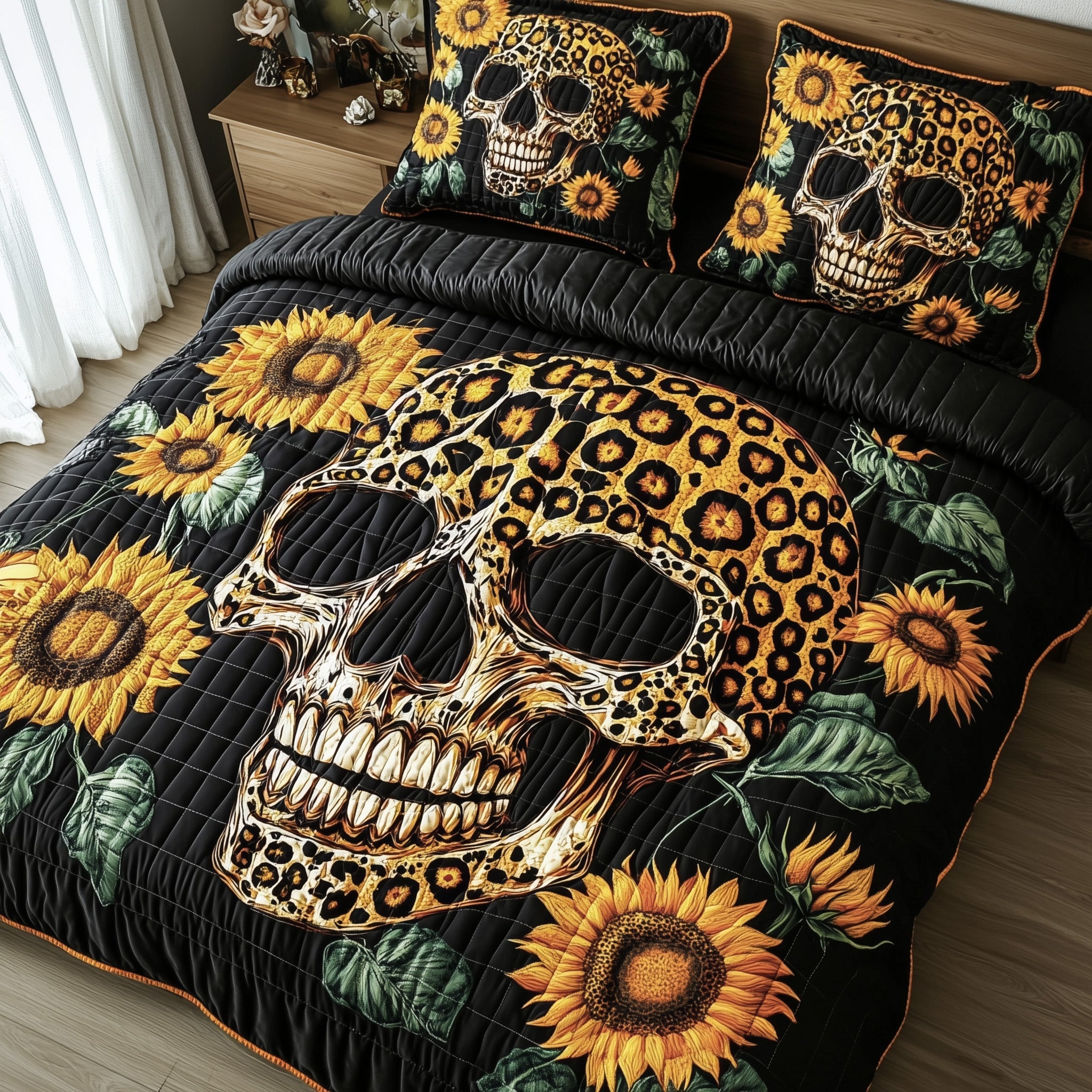 Leopard Skull Quilted Bedding Set Duvet Cover Bed Sheet Skull Gifts For Women