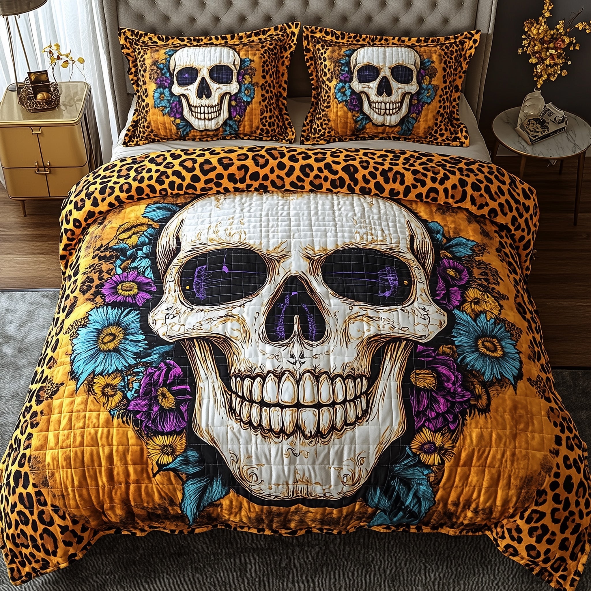 Leopard Skull Quilted Bedding Set Duvet Cover Bed Sheet Skull Stuff For Guys