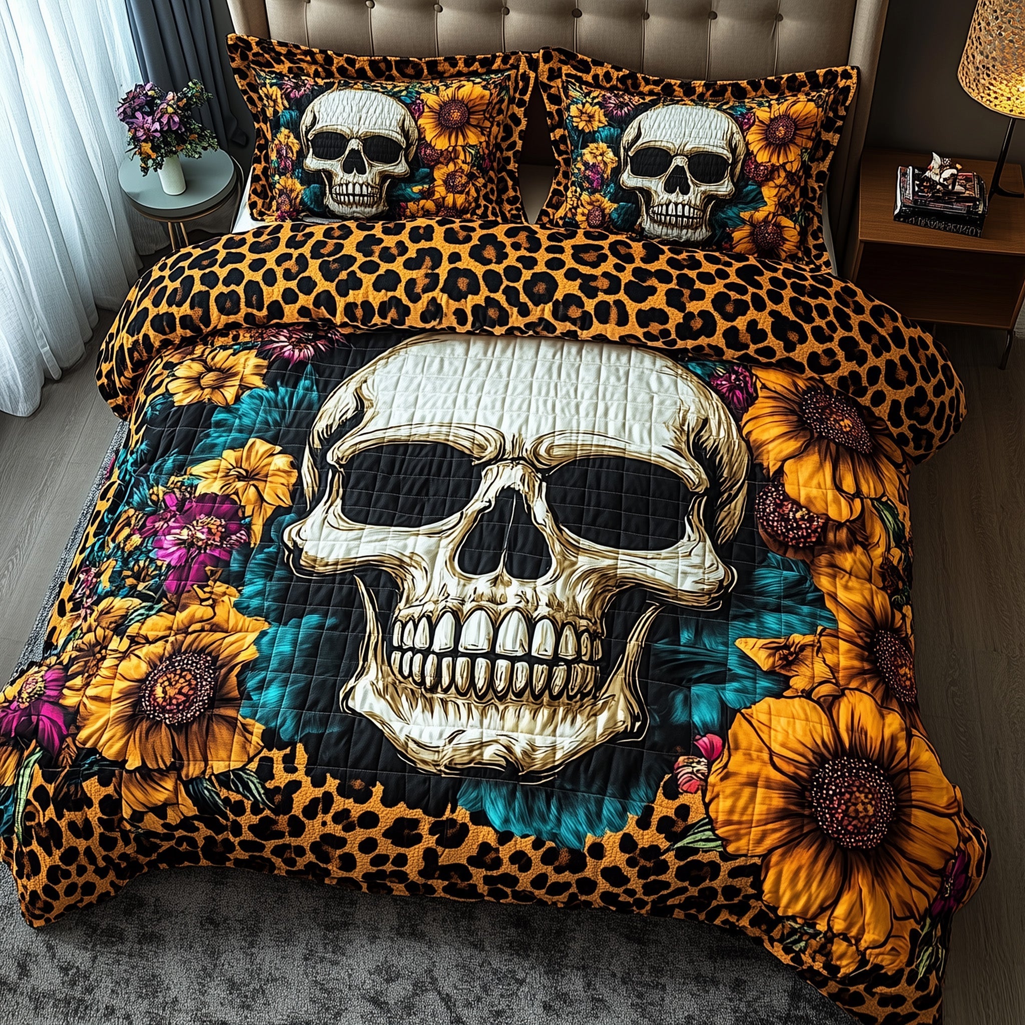 Leopard Skull Quilted Bedding Set Duvet Cover Bed Sheet Unique Skull Gifts For Him