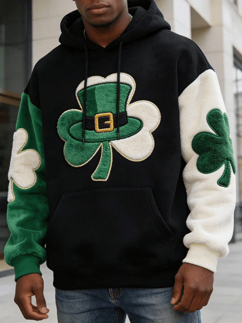 Leprechaun Hat Shamrock Fuzzy Patch Hoodie St Patrick's Day Black Colorblock Irish Outfit
